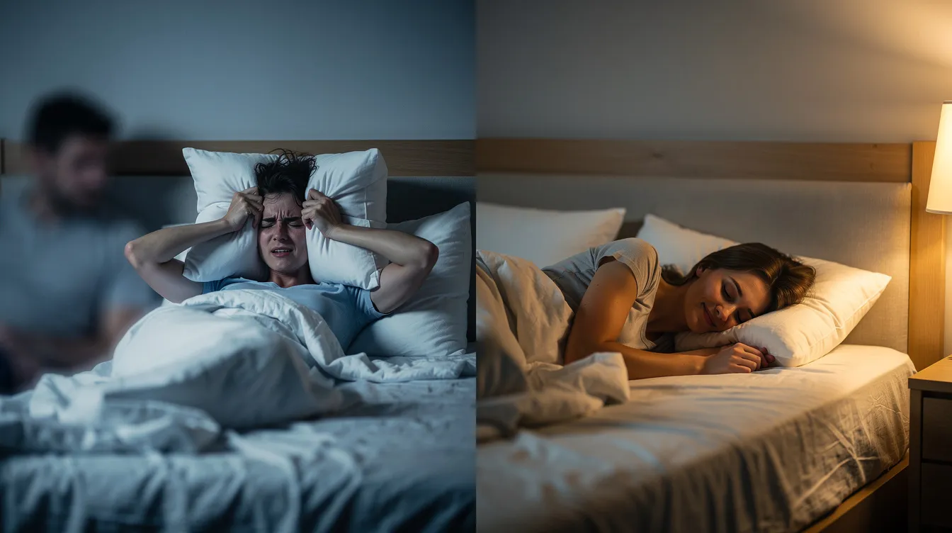 Frustrated spouse trying to sleep next to snoring partner